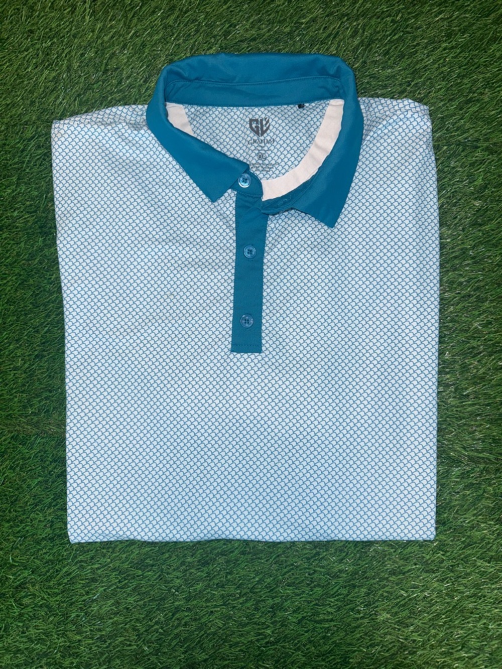Graham Luxe Men's Teal-Collar Patterned Polo Shirt Size XL